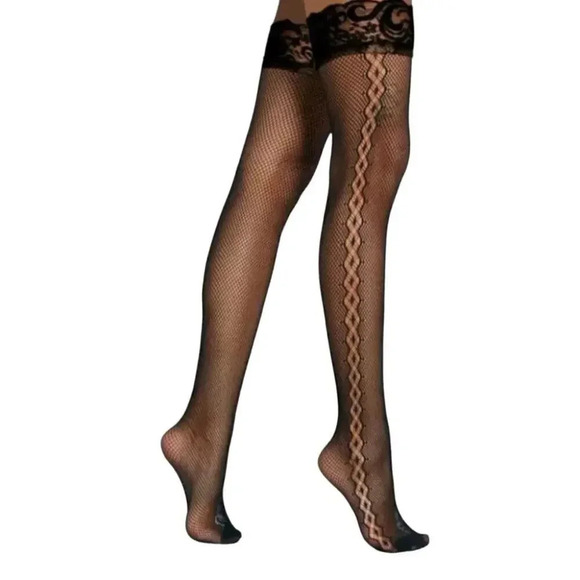 Plus Size Black Thigh High Side Detail Stocking- - Picture 4 of 4